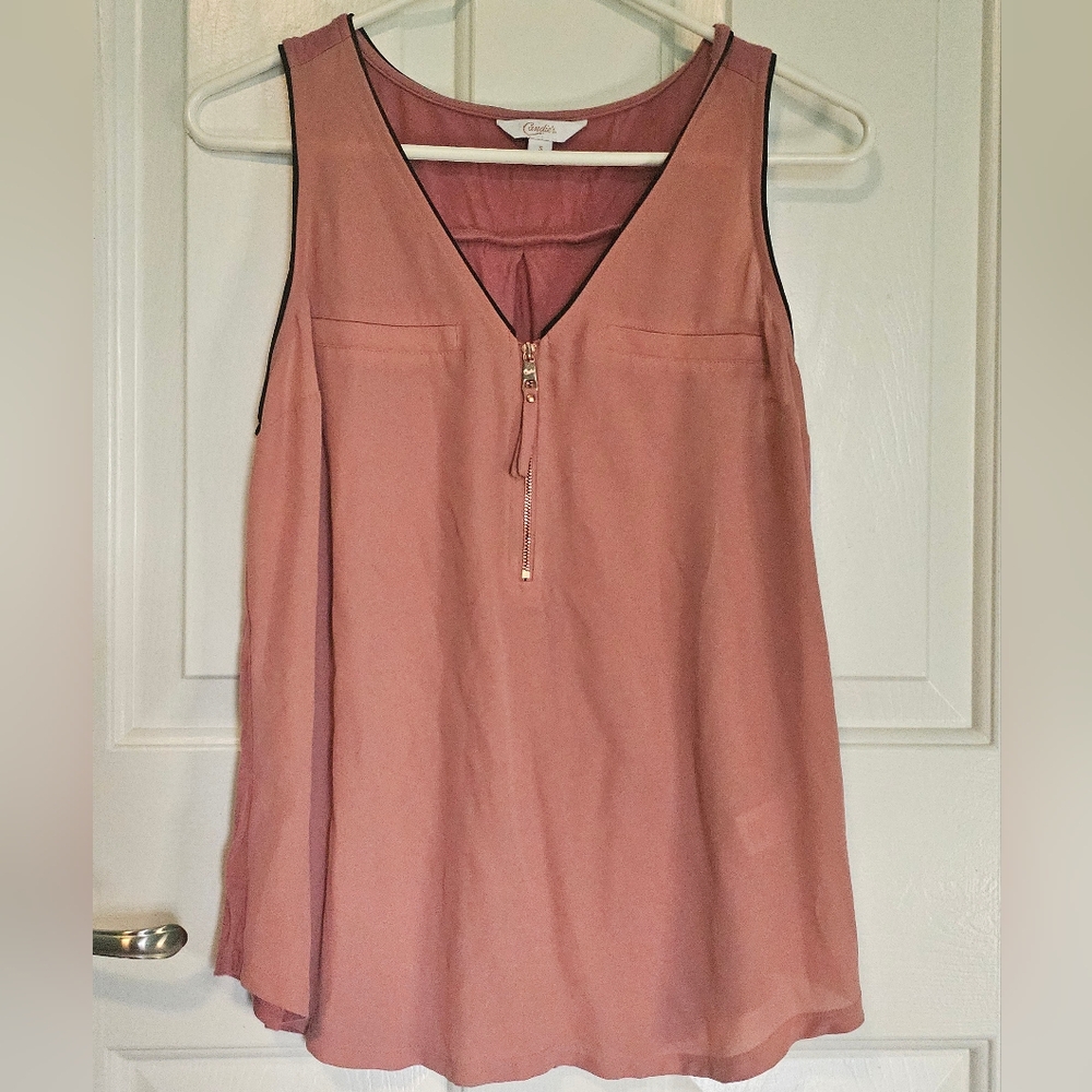 Candies Pink Sleeveless Blouse w/ Gold Zipper Accent and Faux Pkts Women's Sz S